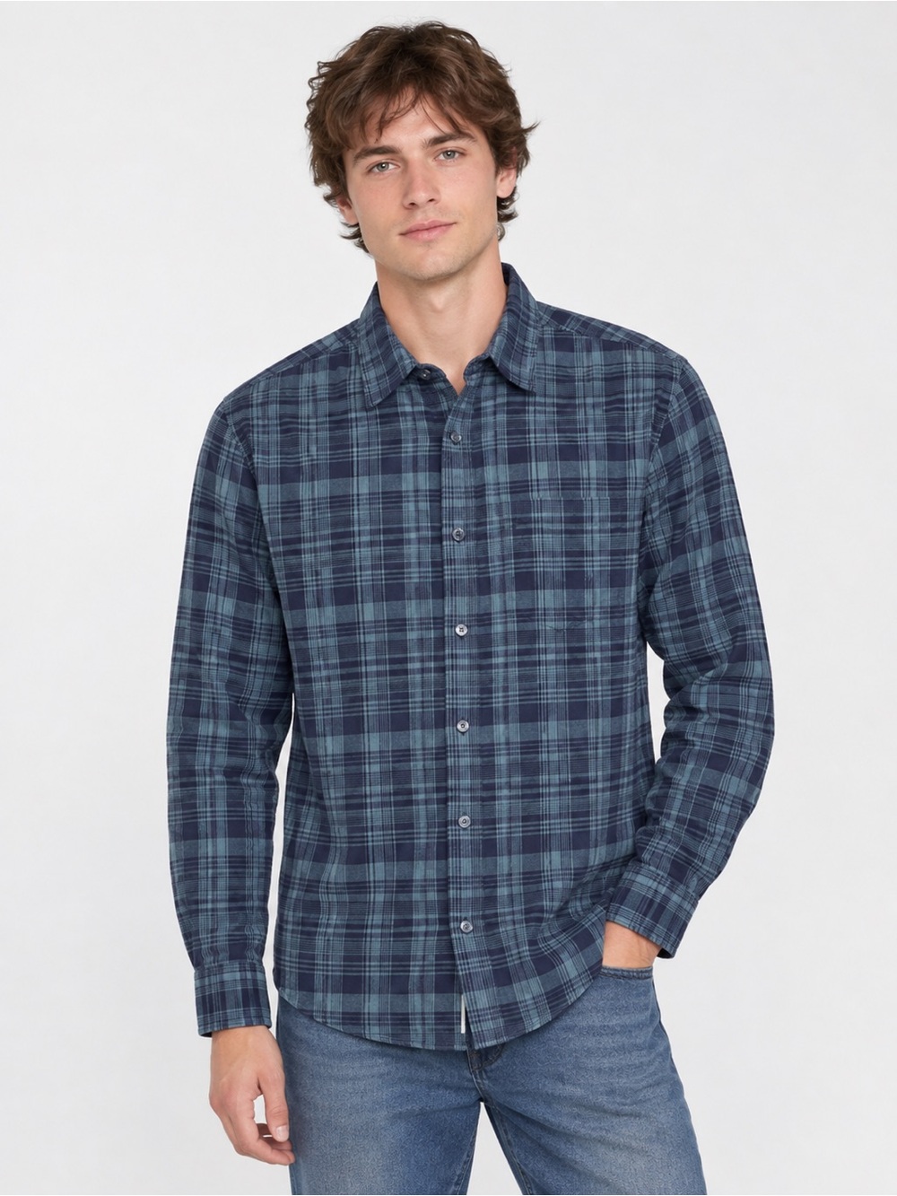Denim & Supply Ralph Lauren Navy Plaid Long Sleeve Button-Up Shirt Casual